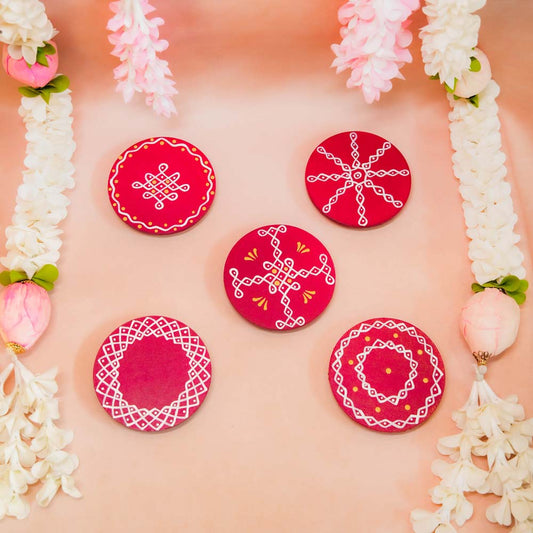 Round Kolam Manai Red 4" Set Of 2