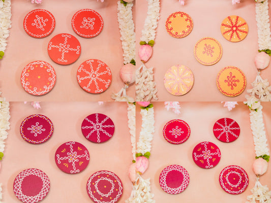 Round Kolammanai Orange 4" Set Of 2 Handcrafted Traditional Kolam Design For Spiritual Decor