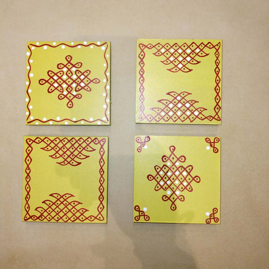 Square Kolam Manai Yellow 4" Set Of 2