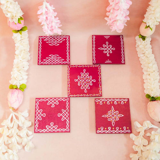 Square Kolam Manai Maroon 4" Set Of 2