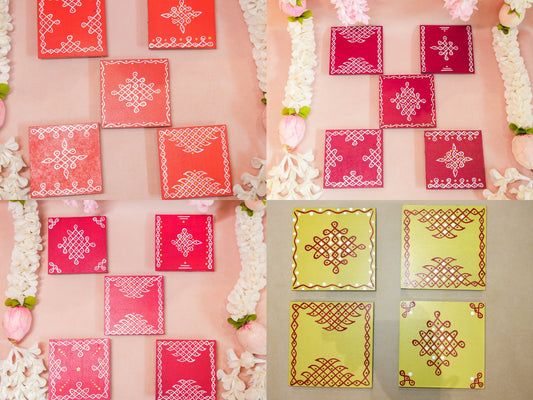 Square Kolam Manai Maroon 4" Set Of 2 Handcrafted Traditional Kolam Design For Home Decor