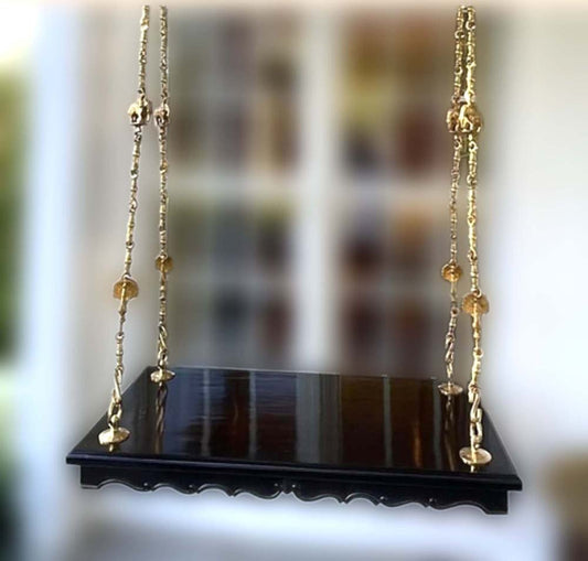 Lata - Basic Teakwood Plank With Carved Base - Rosewood Finish .Brass Chain With Animal Links