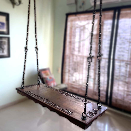 Rachana - Teakwood Plank With Carving On Plank And Base - Dark Teakwood Finish.Brass Chain With Animal Links