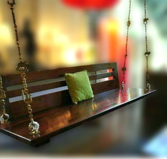 Ezhil - Kerala Style Teakwood Backrest Swing - Rosewood Finish.Brass Chain With Animal Links