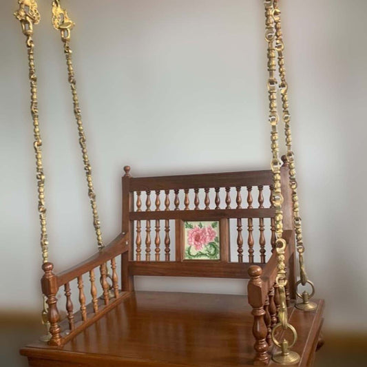 Rani - Teakwood Single Tile Single Seater Chettinad Style - Natural Teakwood Finish.Brass Chain With Animal Links