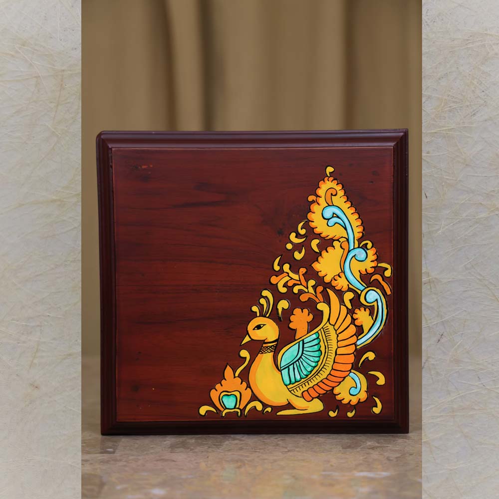 Handcrafted Wooden Manai With Handpainted Peacock Kolam