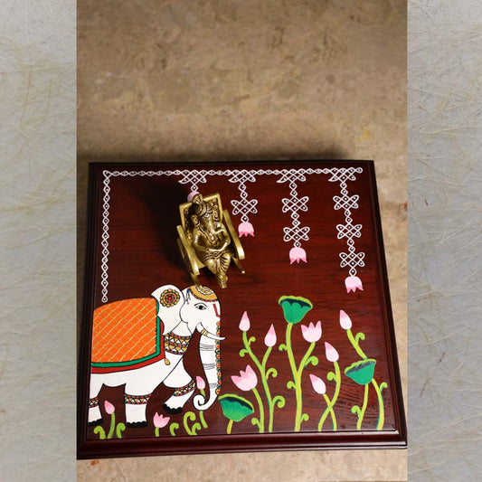 Wooden Devotional Manai With Elephant Handpainted Corner Art