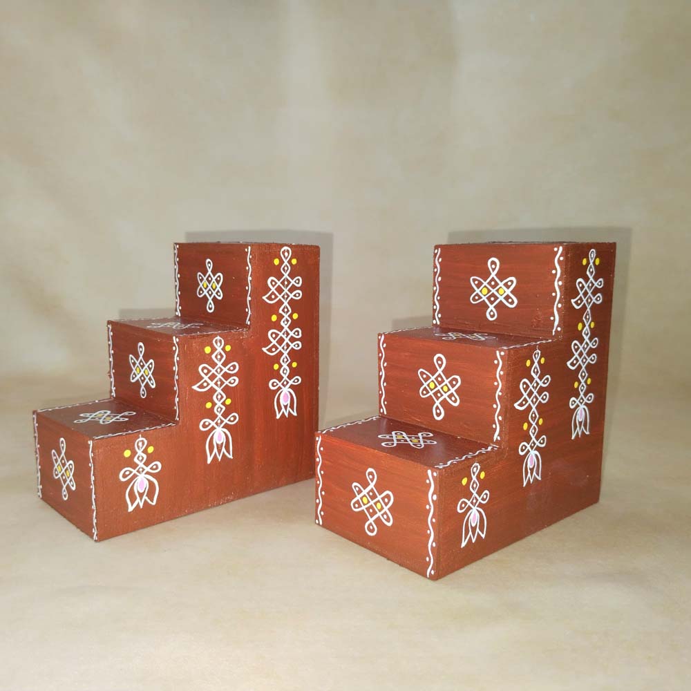 Vilakku Padi 3 Steps Step Size 2"X2" Red Set Of 2 Sutiable To Keep Small Lamps /Diyas