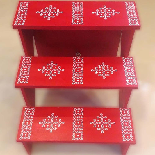 Golu Padi Foldable 3 Steps Step Size 4"X4" - Red Suitable To Use As A Puja Stand To Keep Idols