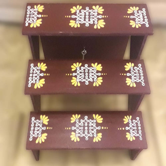 Golu Padi Foldable 3 Steps Step Size 4"X4" - Brown Suitable To Use As A Puja Stand To Keep Idols