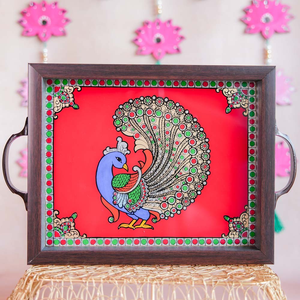 Indian Peacock Tray Red