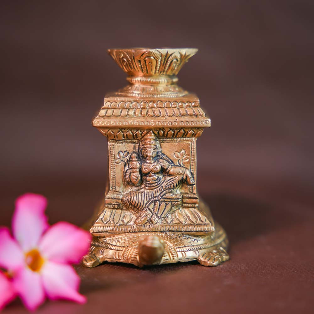 Handcrafted Brass Tulsi Lamp With Lakshmi Carving - Traditional Indian Pooja & Decor Item