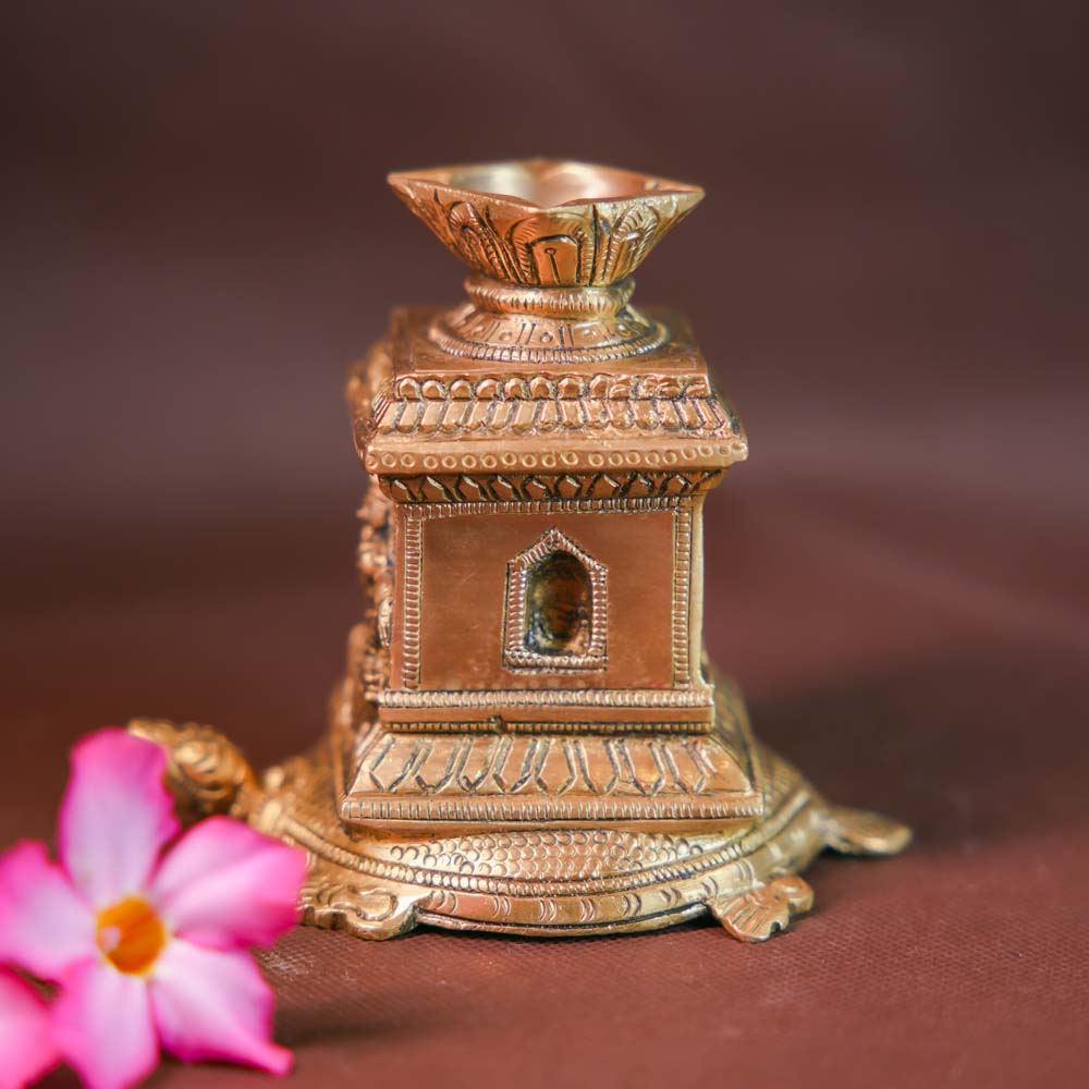 Handcrafted Brass Tulsi Lamp With Lakshmi Carving - Traditional Indian Pooja & Decor Item