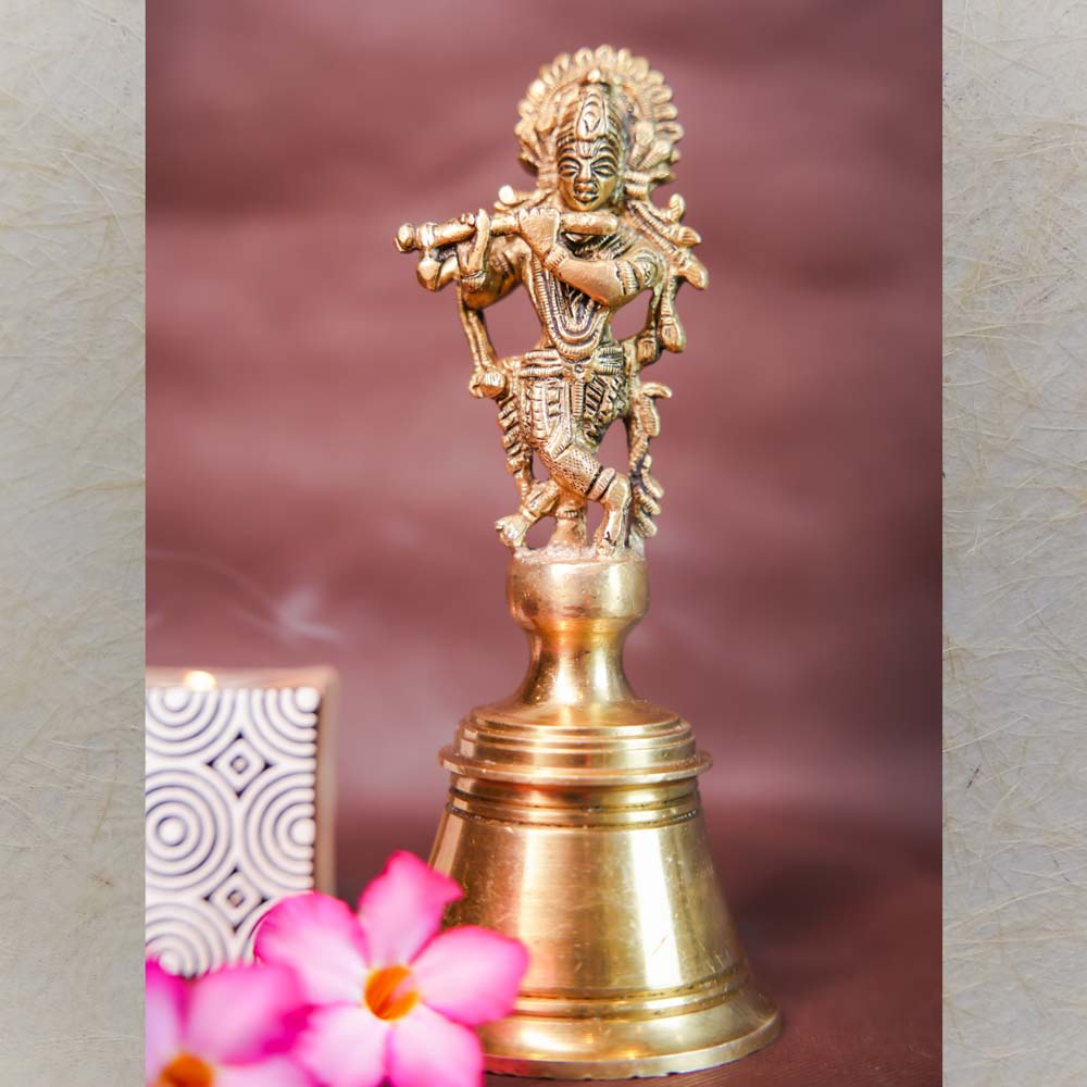 Handcrafted Brass Krishna Bell - Traditional Indian Ritual & Decor Piece