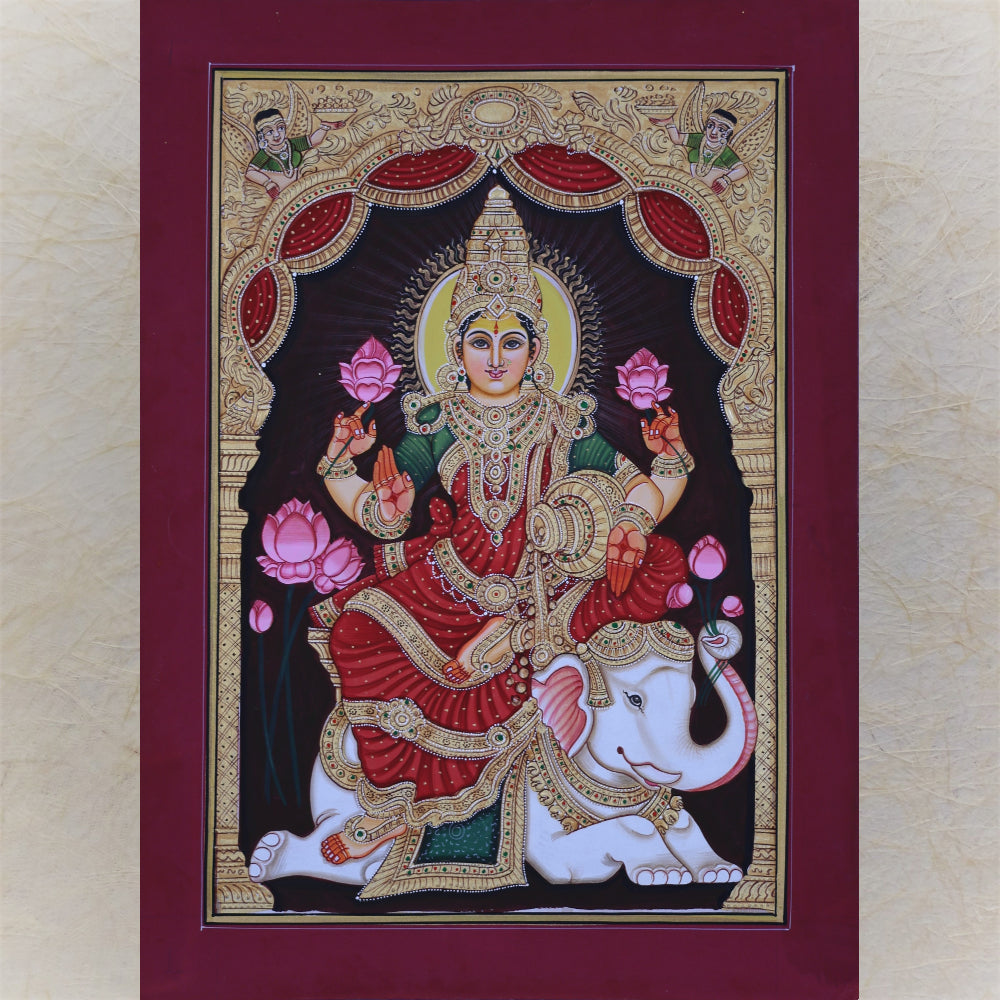 Lakshmi : Geja (Elephant) Lakshmi Goddess Of Prosperity And Abundance .Handmade Tanjore Style Gold Painting . Set In Beautiful Chettinad Style Frame