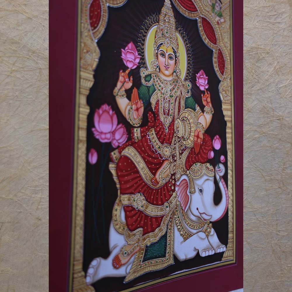 Lakshmi : Geja (Elephant) Lakshmi Goddess Of Prosperity And Abundance .Handmade Tanjore Style Gold Painting . Set In Beautiful Chettinad Style Frame