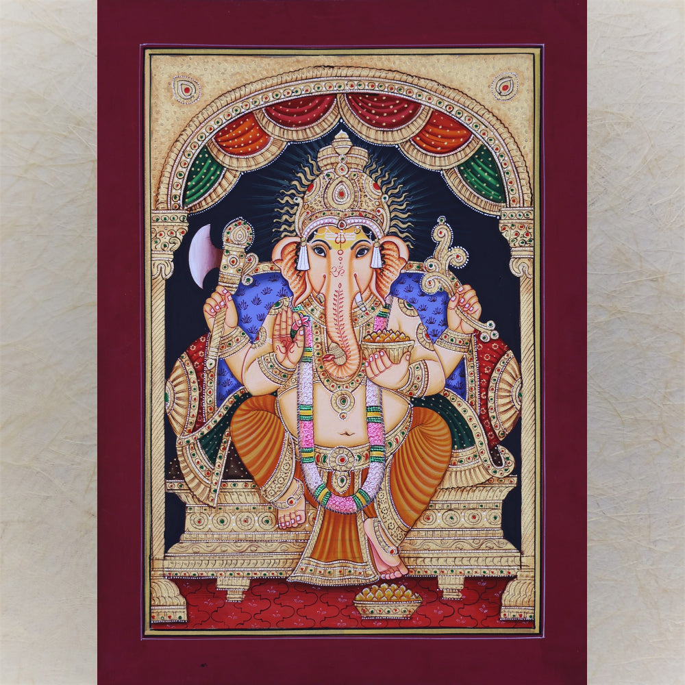 Ganesha : Simha Ganesha Handmande Tanjore Style Gold Painting.Set In Beautiful Chettinad Style Frame