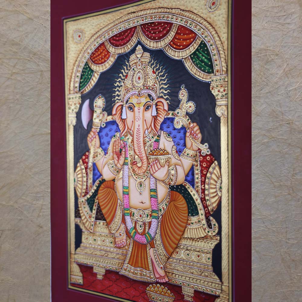 Ganesha : Simha Ganesha Handmande Tanjore Style Gold Painting.Set In Beautiful Chettinad Style Frame