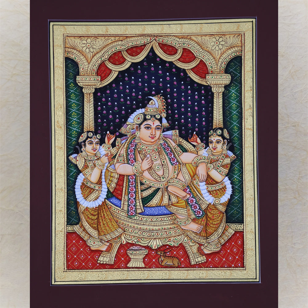 Krishna With Consorts : Krishna Durbar Handmande Tanjore Style Gold Painting.Painting Only.With Chettinad Frame