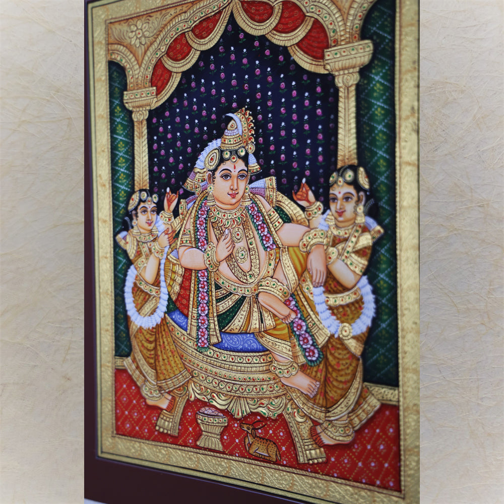 Krishna With Consorts : Krishna Durbar Handmande Tanjore Style Gold Painting.Painting Only.With Chettinad Frame