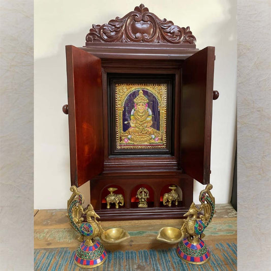 Ethnic Wooden Pooja Mandapam With Framed Lakshmi Artwork