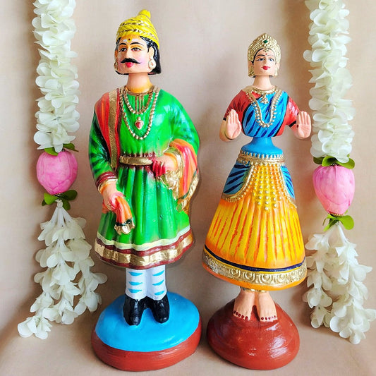 Handcrafted Raja Rani Yellow Doll Set - Traditional Indian Royal Couple Figurines For Home And Temple Decor