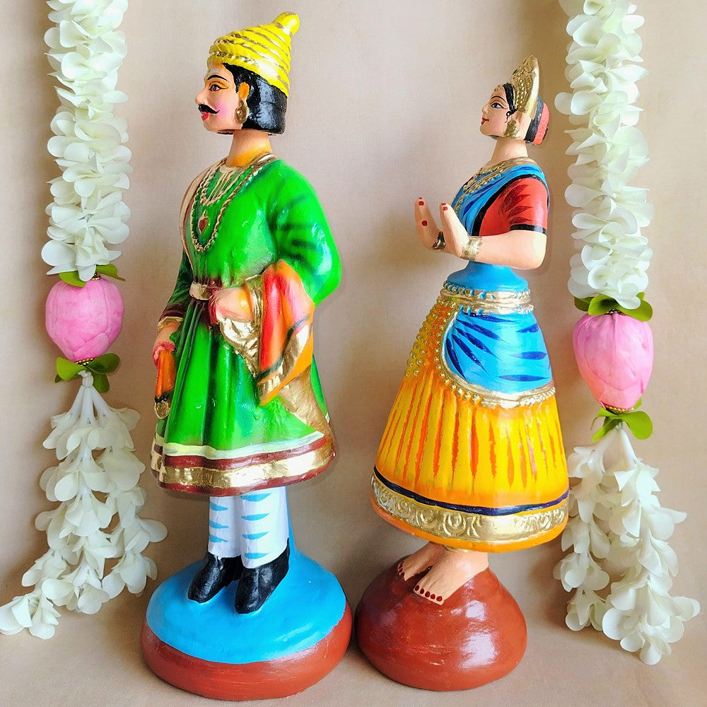 Handcrafted Raja Rani Yellow Doll Set - Traditional Indian Royal Couple Figurines For Home And Temple Decor