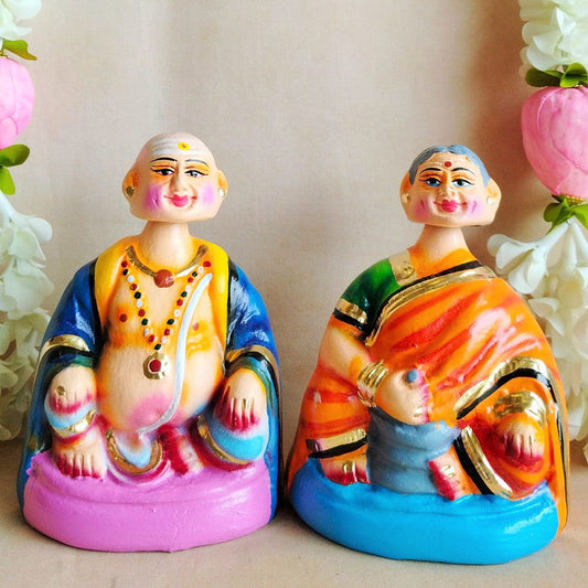 Handcrafted Thatha Paati Small Figurines - Traditional Indian Elderly Couple For Home And Temple Decor