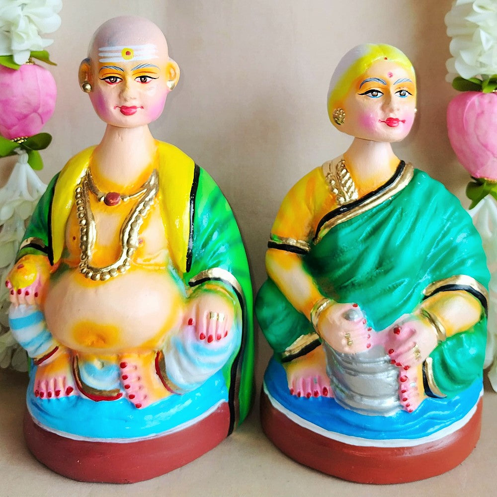 Handcrafted Thatha Paati Big Figurines - Traditional Indian Elderly Couple For Home And Temple Decor