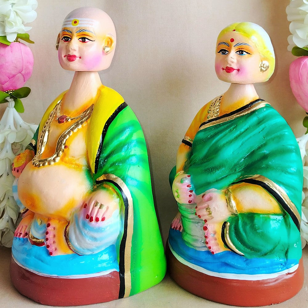 Handcrafted Thatha Paati Big Figurines - Traditional Indian Elderly Couple For Home And Temple Decor