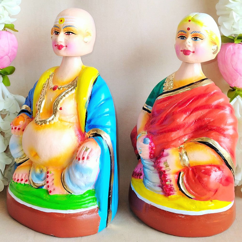 Handcrafted Thatha Paati Big Figurines - Traditional Indian Elderly Couple For Home And Temple Decor