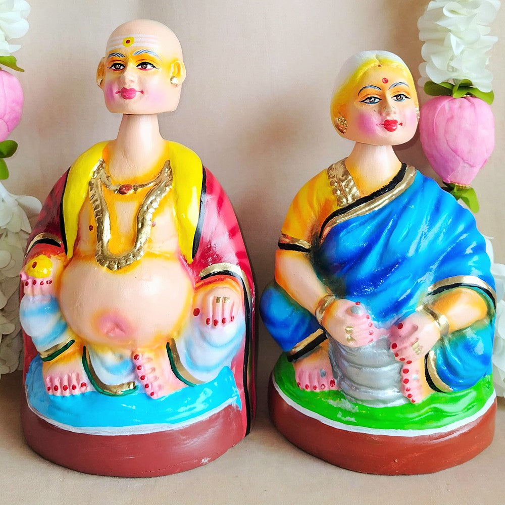 Handcrafted Thatha Paati Big Figurines - Traditional Indian Elderly Couple For Home And Temple Decor