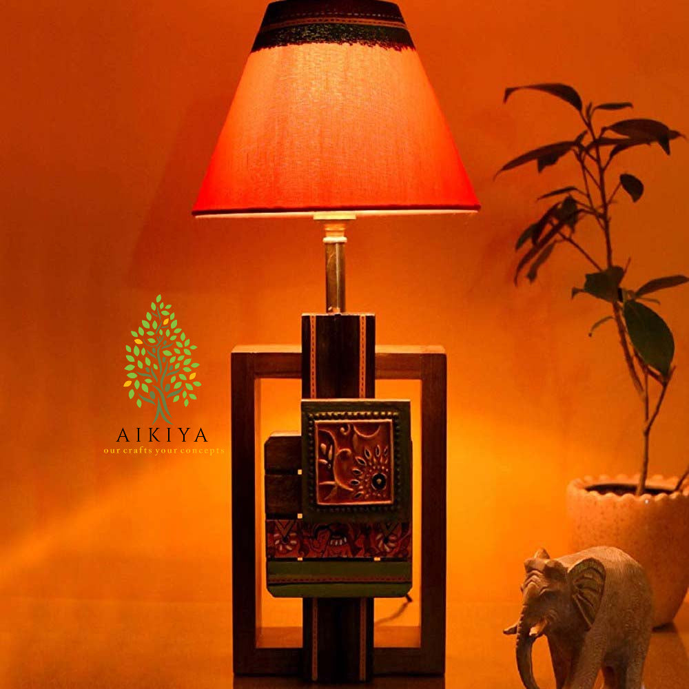 Handpainted Wooden Table Lamp With Red Shade