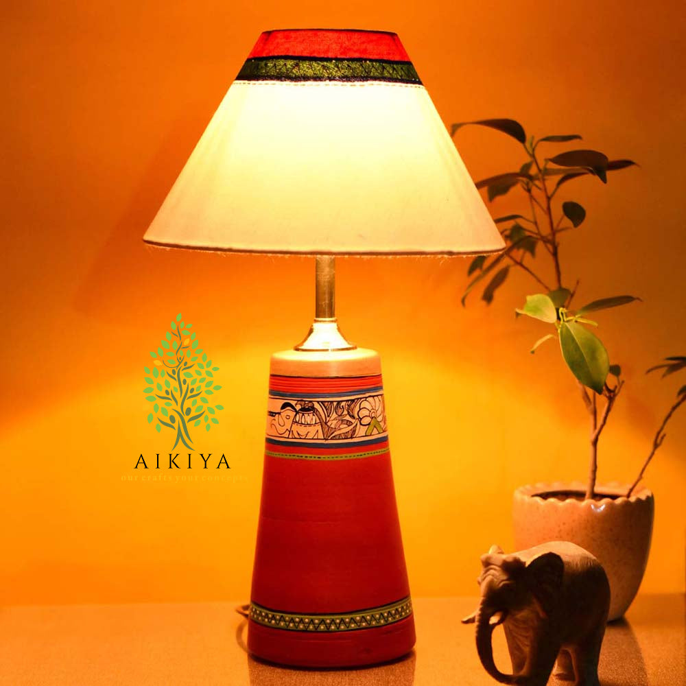 Terracotta Handpainted Madhubani Red Decorative Table Lamp