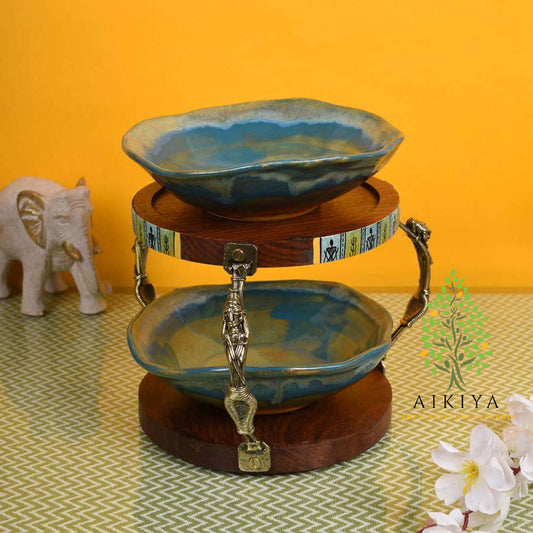 Wooden Tableware Decorative Stands With 2 Serving Ceramic Bowl