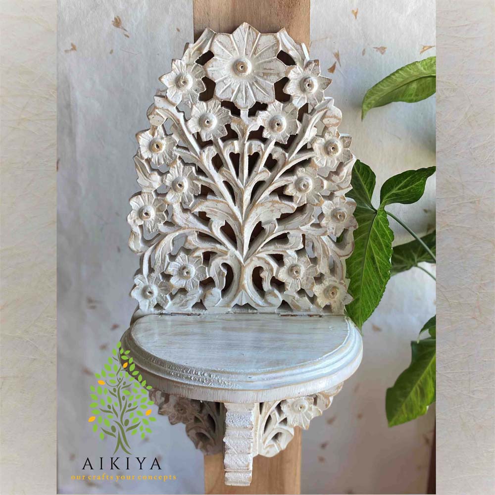Blooming Flower Carving Wall Bracket Medium White
