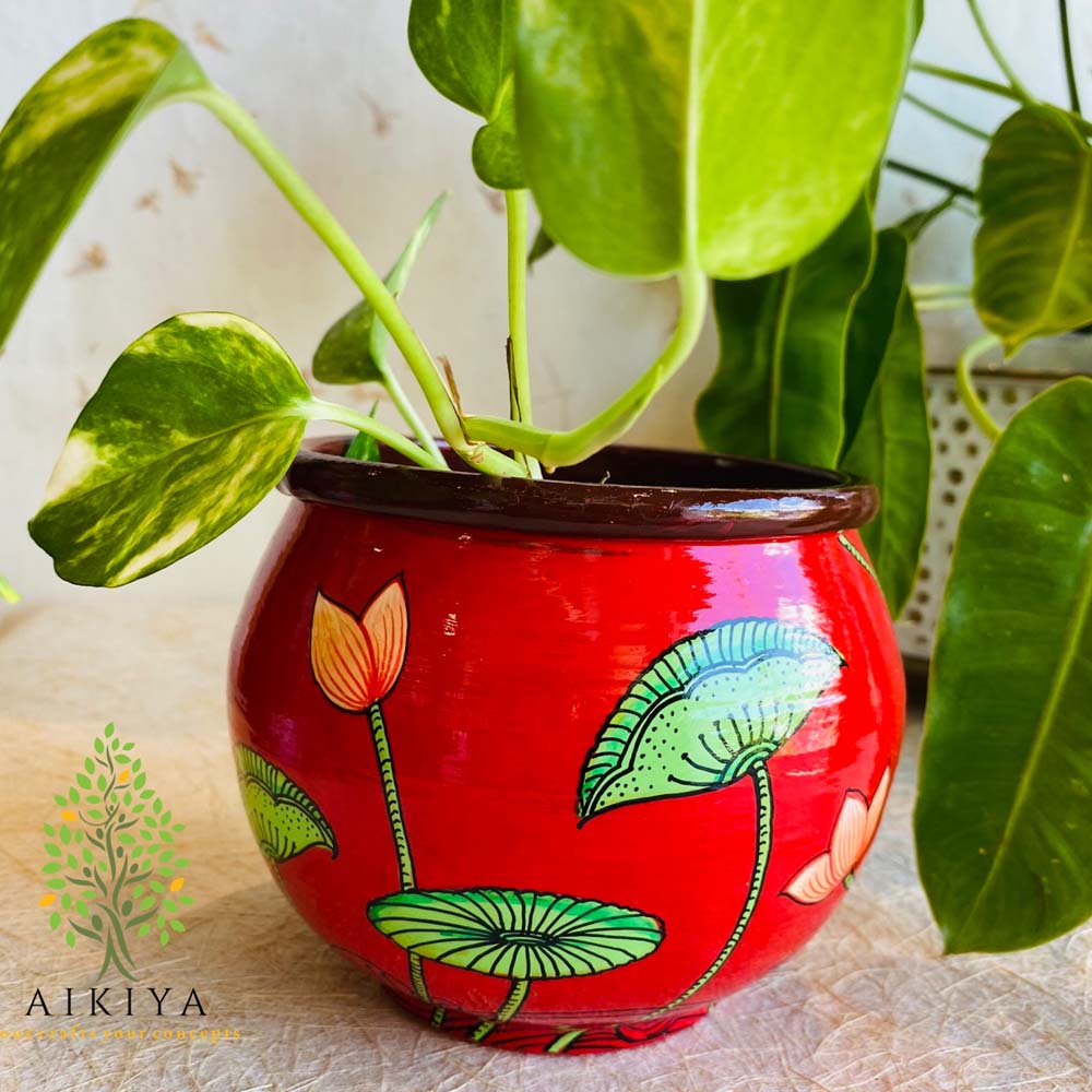Hand Painted Lotus Pot - Red