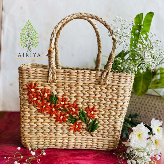 Small Kauna Grass Square Basket - Orange Flowers