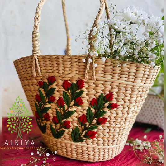Kauna Grass Beach Basket - Red Flowers