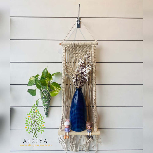Handmade Macrame Rectangular Decorative Wall Shelf In Pinewood And Beads