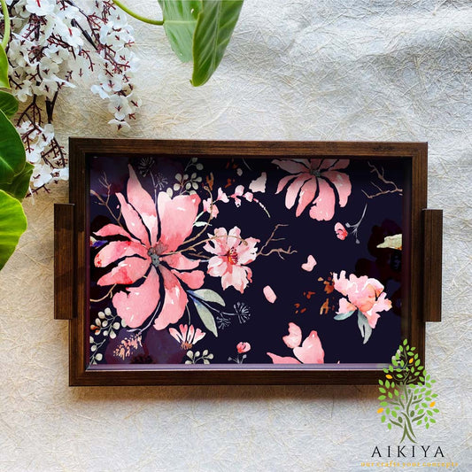 Rectangular Tray - Pink Blossoms On Black