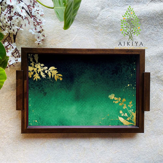 Rectangular Tray - Golden Sprays On Green