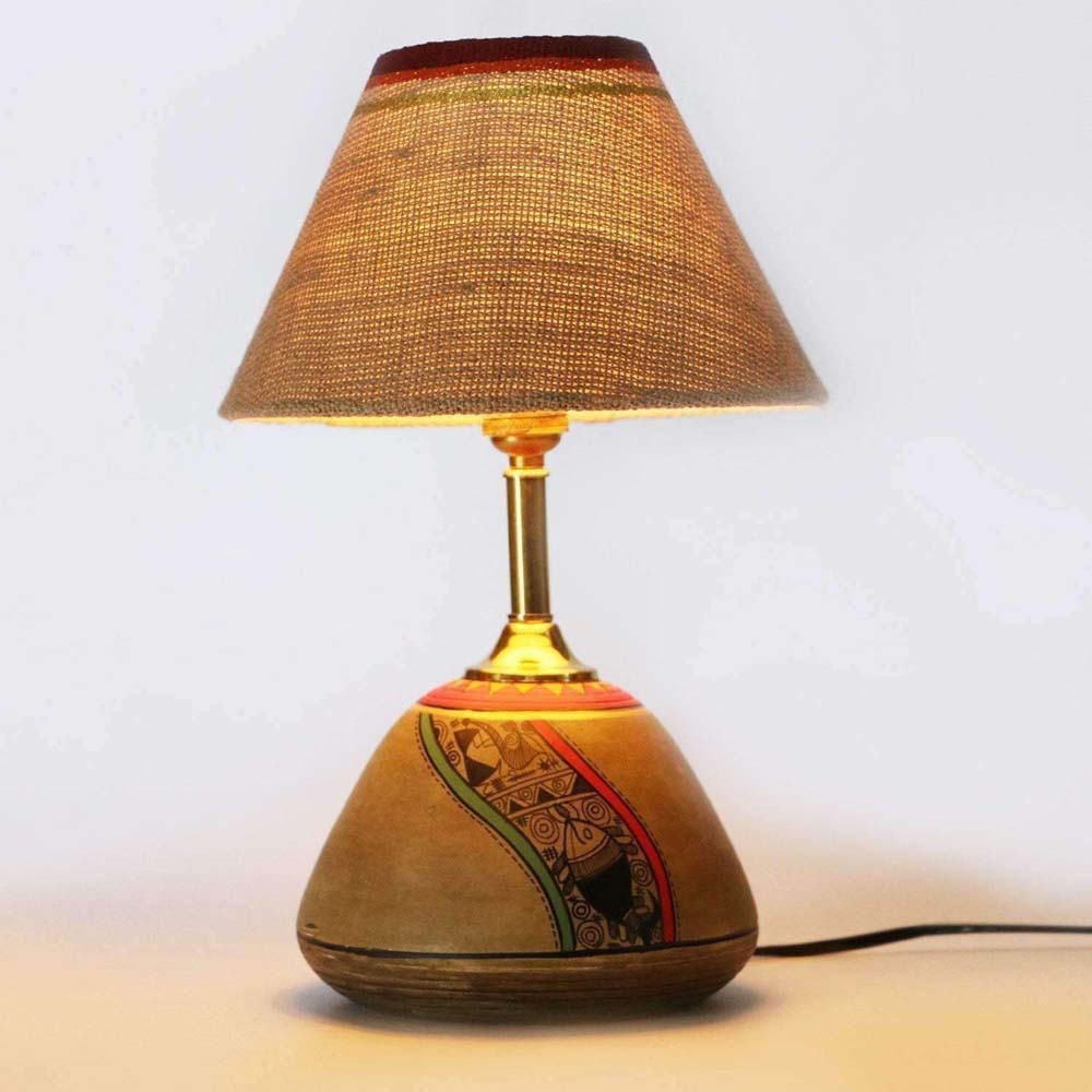 Table Lamp Beige Earthen Handcrafted With White Shade