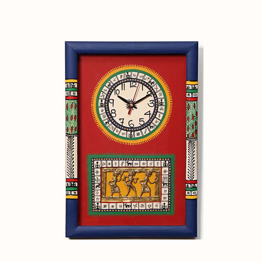 Wall Clock Handcrafted Warli/Dhokra Art Red Dial With Glass Frame