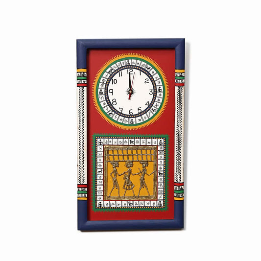 Wall Clock Handcrafted Warli/Dhokra Art Red Dial With Glass Frame