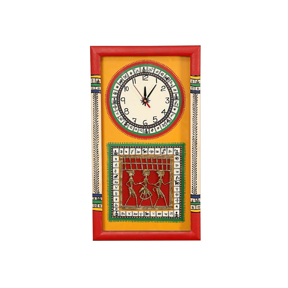 Wall Clock Handcrafted Warli/Dhokra Art Ylo Dial With Glass Frame
