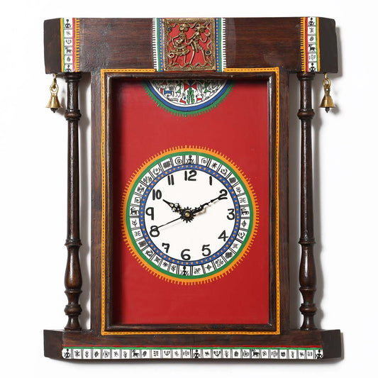 Wall Clock Handcrafted Warli Art Red Dial With Glass Frame