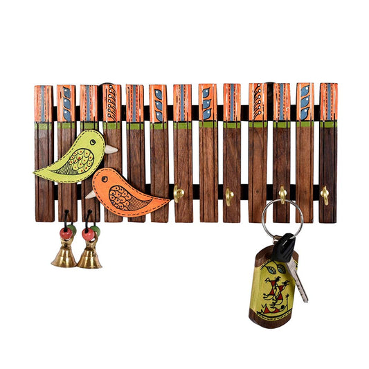 Key Holder Handcrafted Tribal Art Wooden Strips & Birds 4 Keys
